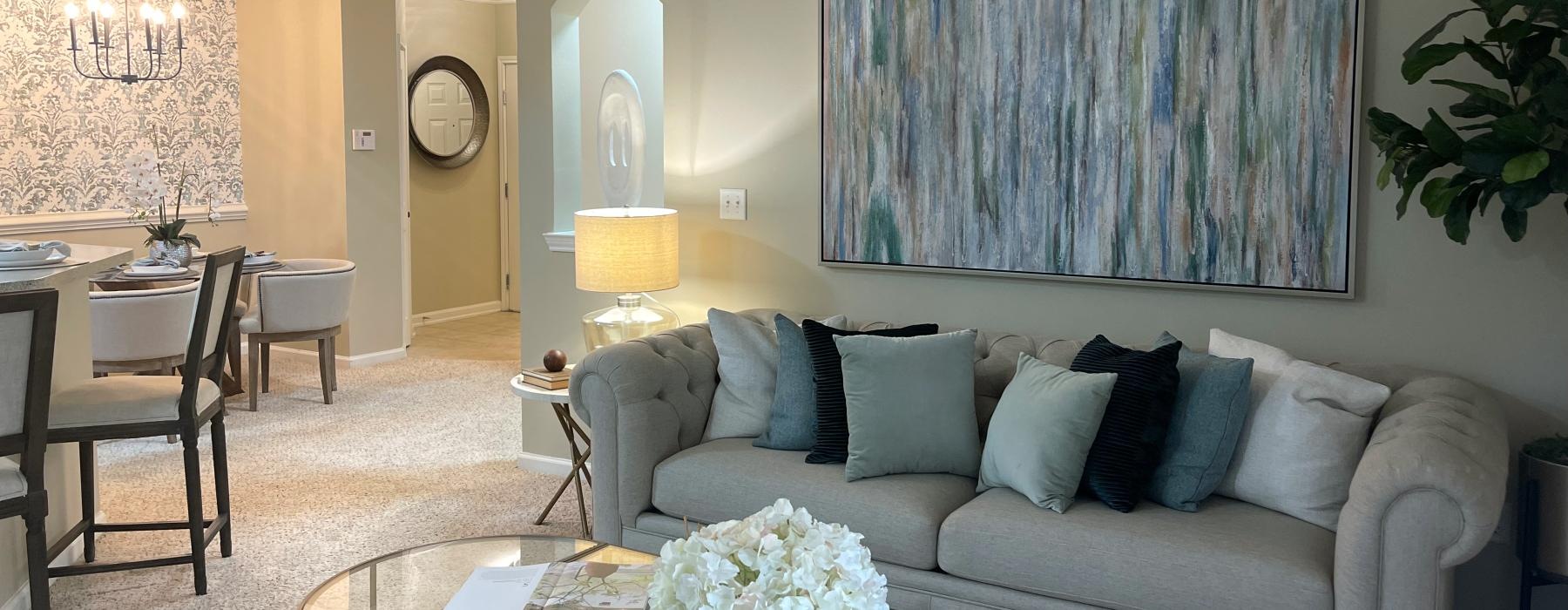 a living room with a couch and a coffee table