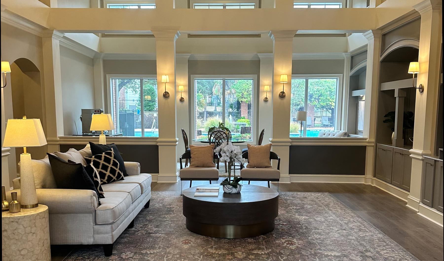 a living room with a large window